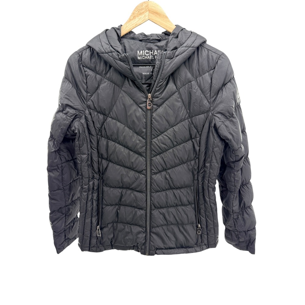 Michael Kors Packable Down Jacket S Black Hooded Puffer Quilted Athleisure Gorp